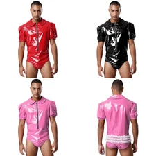 Mens Underwear Outfits One Piece Slim Fit Jumpsuit Wetlook Rompers Shiny Zip