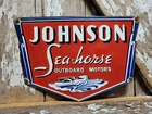 VINTAGE JOHNSON PORCELAIN SIGN OUTBOARD MOTORS SALES BOAT GAS ENGINE SEA-HORSE