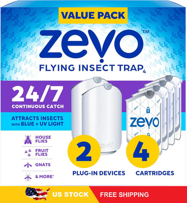 Zevo 2 Flying Insect Traps & 4 Refill Cartridges - Plug in Fly Trap& Bug Catcher