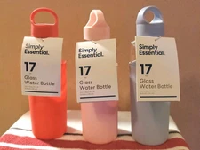 Set Of 3 Glass Water Bottles Simply Essential Bed Bath Beyond Pink Red Blue New!
