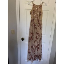 Windsor Rose Gold Sequin Floral Mesh Maxi Dress Nude Womens Small Formal Dance