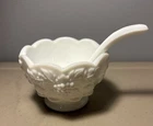 Vintage Westmoreland Milk Glass Paneled Grape Condiment Bowl & Spoon