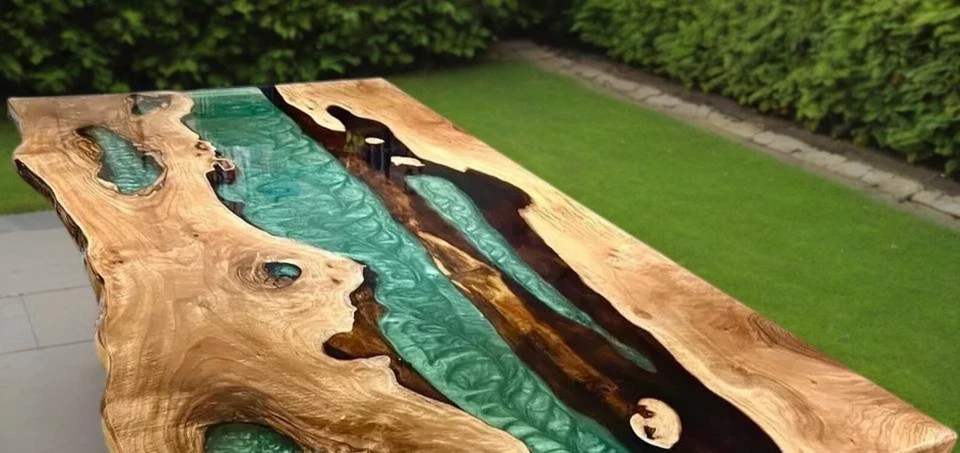 Mesa de río epoxi de madera hecha a mano con borde vivo - Mesa de centro River de resina verde Foto 4 de 4