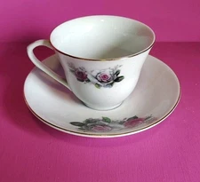 TEA CUP AND SAUCER WITH PINK ROSES AND GRAY LEAVES