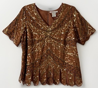 Roamans NWT Bronze Sequined Beaded Short Sleeve Blouse Women 18 Evening Wear
