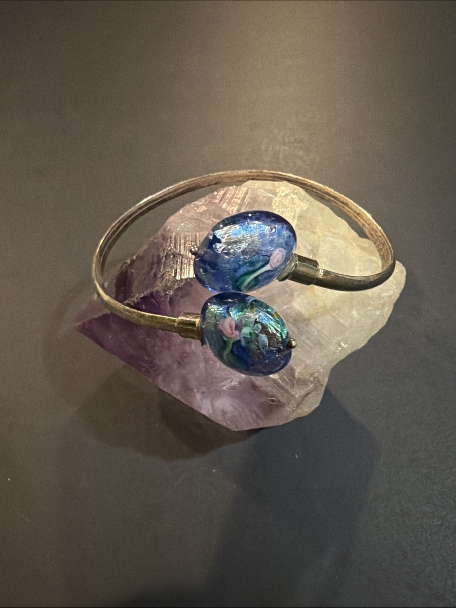 Vintage Sterling Silver Cuff Bracelet with Blue Murano Glass View 2