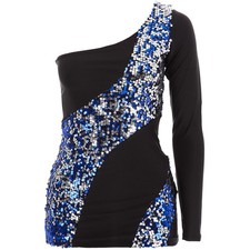 Alexandra Collection Womens Asymmetrical Color-Change Sequin Dance Costume Top