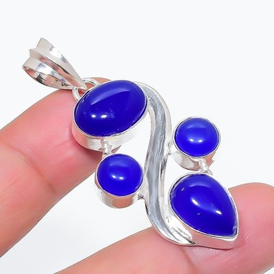 Blue Onyx Gemstone Handmade 925 Sterling Silver Jewelry Pendant Size 2''