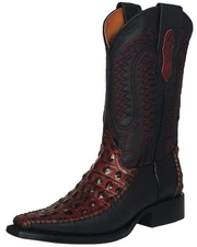 Mens Black Cherry Cowboy Boot Western Crocodile Back Cut Pattern Leather Overlay