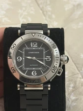 Cartier Pasha Automatic Black Dial Stainless Steel Watch Rubber Band Date