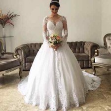 Plus Size Wedding Dresses O-Neck Long Sleeves Lace Applique A-line Bridal Gowns