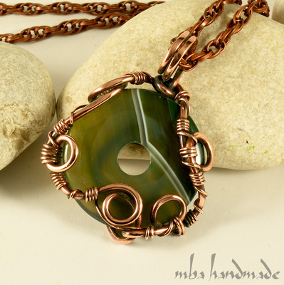 Natural Stone Donut Green Agate Crystal Copper Wire Wrap Handcrafted Pendant