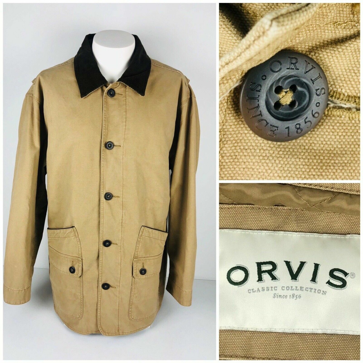 Orvis Mens Large Field Coat Jacket Tan 100% Cotton Buttons Quilted