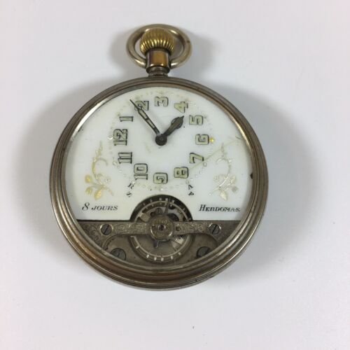 Antique 8 Day Hebdomas Silver Plated Pocket Watch Not Working - Picture 2 of 6