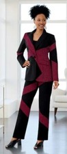 Size 26W PLUS Ashro Mixed-Media Hounds-Tooth Patchwork Black Wine Pant Suit Set