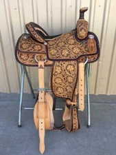 Western Leather Barrel Hand Carved Saddle With Free Matching Tack set