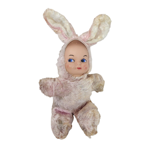 VINTAGE BABY DOLL PLASTIC FACE PINK / WHITE BUNNY OUTFIT STUFFED ANIMAL ...