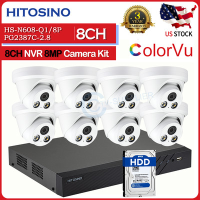 Hitosino 8Channel CCTV Camera System 8MP POE MIC Full Color Home IP Camera Lot