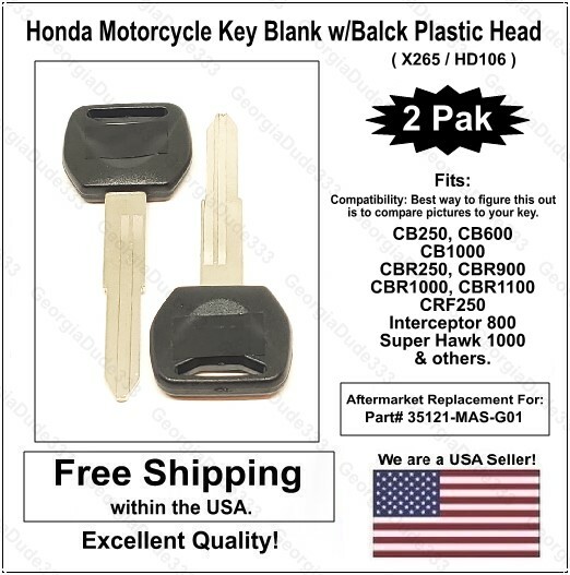 2 Pcs: Honda Motorcycle Key Blanks w/ Plastic Head X265 for