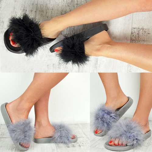 Ladies Womens Flat Fur Fluffy Sliders Slippers Comfy Sandals Flip Flop  Shoes Sz | eBay