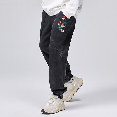 Niepce Men's Japan Flower Embroidered Streetwear Pants Urban