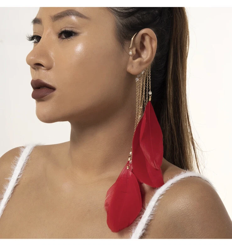 Red Feather Ear Cuff No Piercing Pair Two Piece