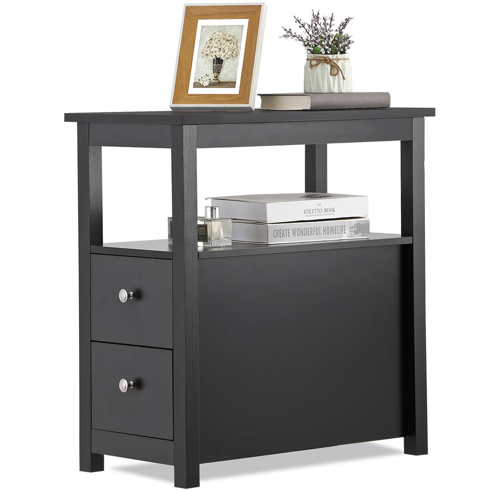 2X Black End Table w/ 2 Drawer and Open Shelf Narrow Side Table for ...
