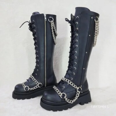 DEMONIA Renegade Draped Chain Combat Knee High Boots Goth Punk