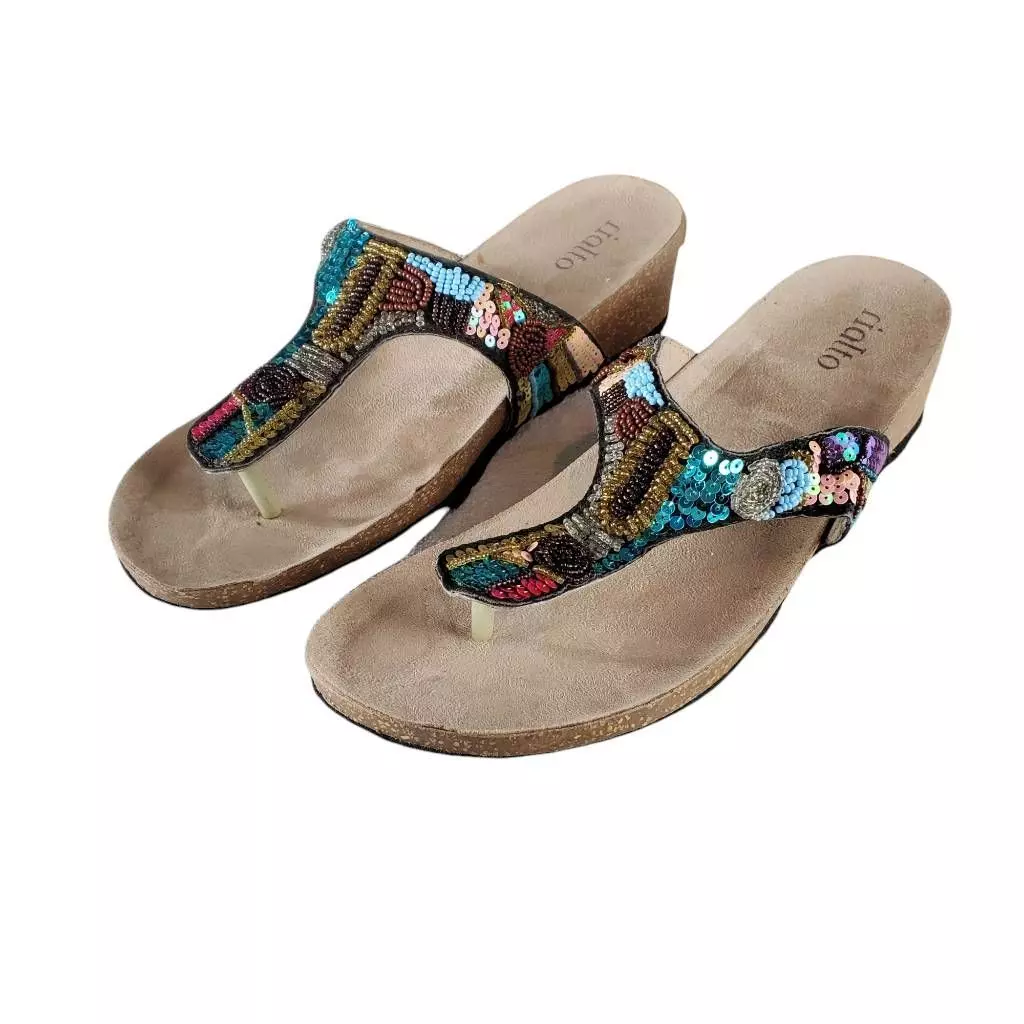 Rialto Womens Cancun Sandals Wedge Heels Shoes Beige Leather Embellished 11 M