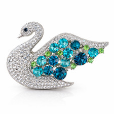 Vintage Style Swan Brooch Crystal Rhinestone Aqua Blue Green Glass Pin Statement