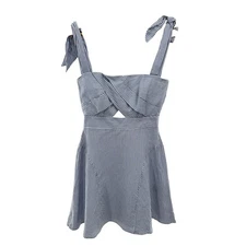 Y2K Bardot Stripe Linen Mini Dress Tie Straps Cutout Bust Nautical Coastal XS 4