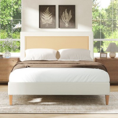 Queen Antique White Upholstered Cane Back Platform Bed Frame