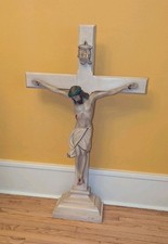 c.1900 Huge Antique Wooden Plaster Crucifix Jesus Statue Christian 35.5" Wall 