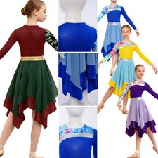 Girls Costume Church Dress Dance Dancewear Irregular Hem Stylish Printed Tunic