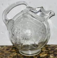 VTG SMALL GLASS BALL PITCHER RIBBED HANDLE ETCHED WHEAT PATTERN Preowned