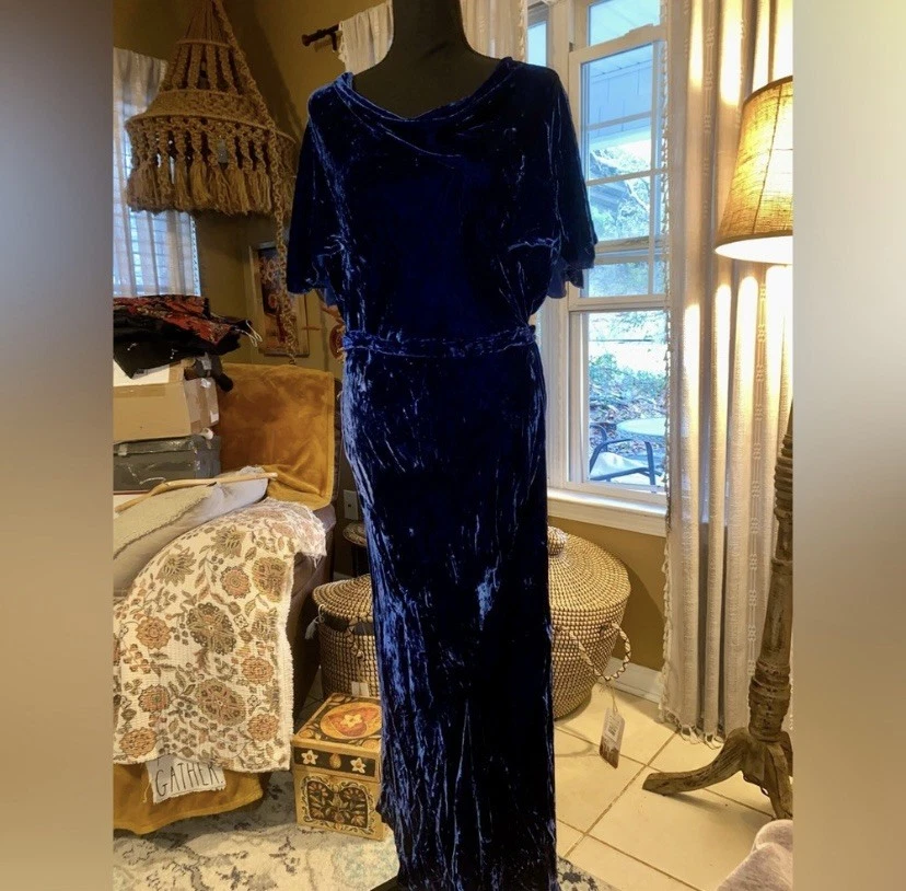 Vintage 1930s Blue Silk Velvet Gown Dress Flutter Sleeves Bias Cut Maxi Belt - Image 4 of 4
