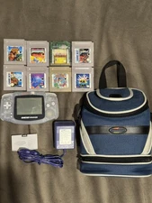Game Boy Advance (Glacier) BUNDLE AC adapter, games & bag - tested and works!