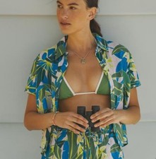 New Farm Rio x Anthropologie Botanical Button Sm Blue Green Linen Short Sleeve