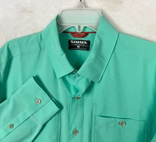 Simms Button Up Shirt Mens Medium Green Long Sleeve Fishing Pockets Stretch