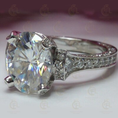 4.4CT Oval Moissanite Hidden Halo Prong Engagement Ring 14K White Gold Plated