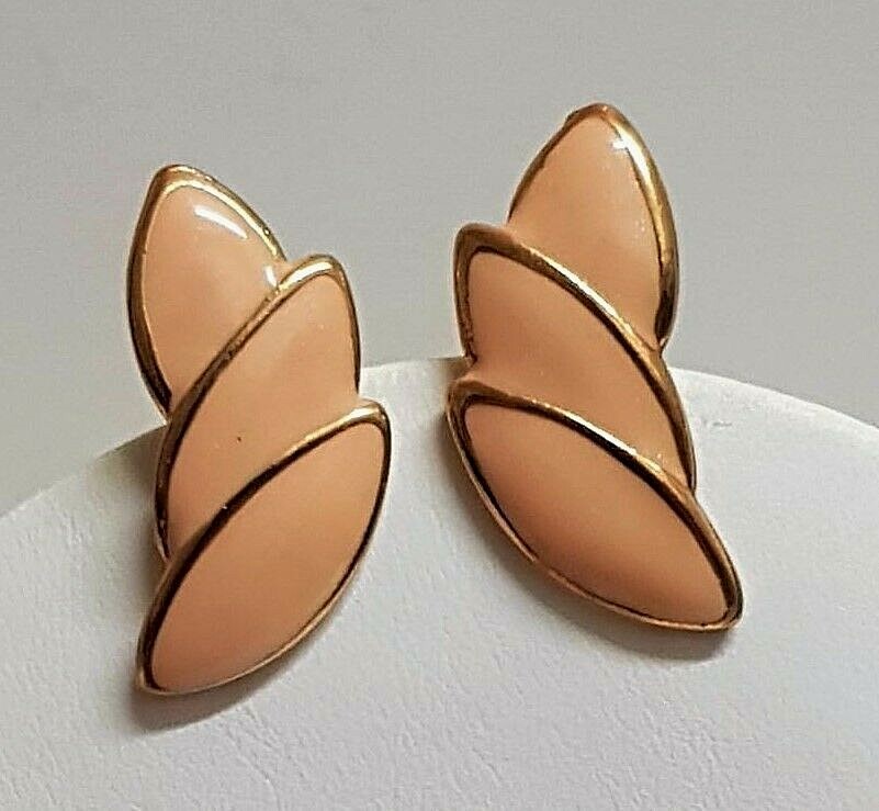 Boucles D'oreilles Vintage En Métal Doré émaillé Pêche Clair - Modèle H2, Occasion