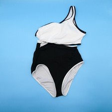 Victorias Secret Medium One Piece Swimsuit White Black Padded One Shoulder Swim