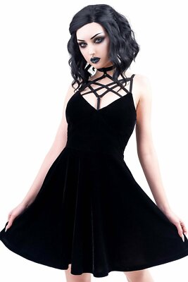 killstar magica skater dress Killstar Magica Pentagram Harness Gothic Witch Skater Velvet Dress  KSRA000883