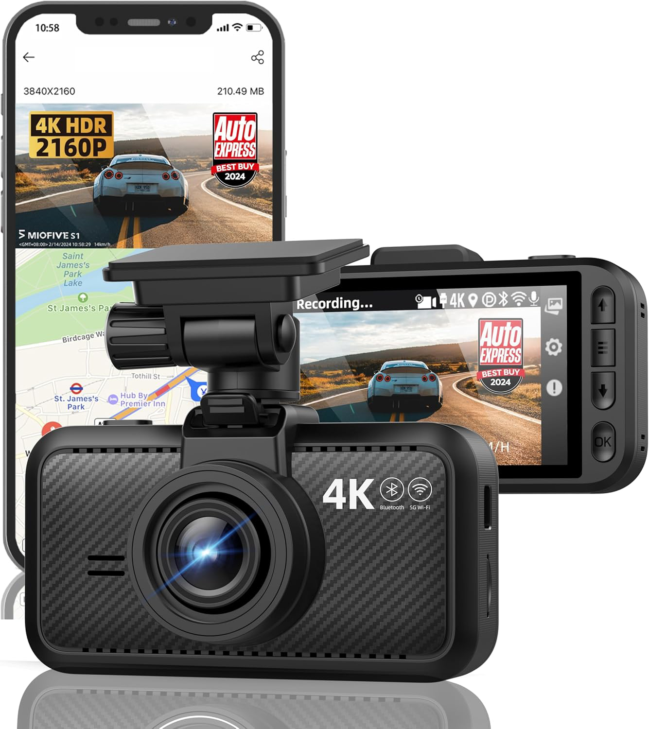 4K Dash Cam with 5G WiFi, Bluetooth, GPS, 32GB SD Card, Night Vision, 140� Angle