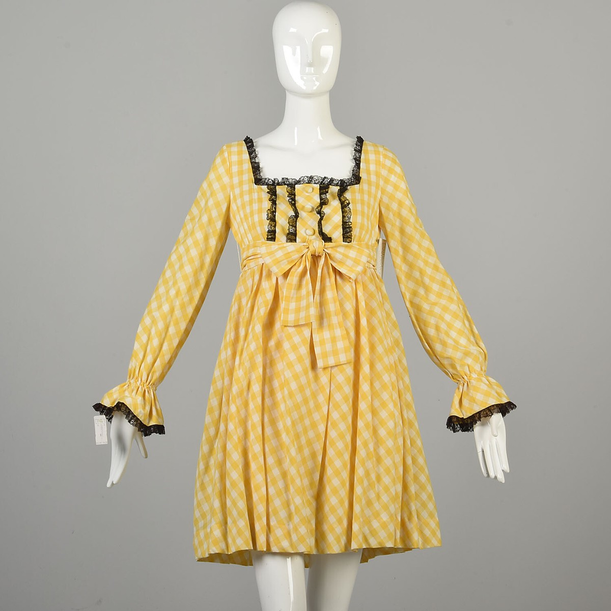 Small 1960s Deadstock Babydoll Dress Yellow White Checked Cotton Dress  Ruffle