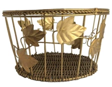 Vintage Metal Wire Basket Fall Leaves Woven Wicker Bottom  Christmas Décor 8x5"