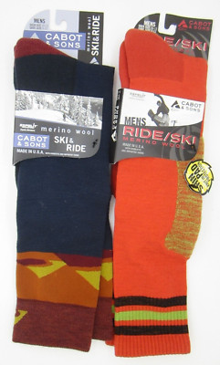 Cabot and Sons Ride/Ski Men Socks Merino Wool Navy & Orange Lot of 2 Shoe 9-12