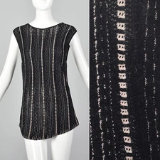 Large 2000s Black Knit Tank Top Pink Stripes Long Sleeveless Rounded Neck