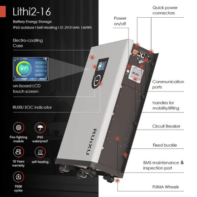 Ruixu LiFePO4 Battery Lithi2-16 314 AH 16 kWh UL1973 UL9540A Self Heating