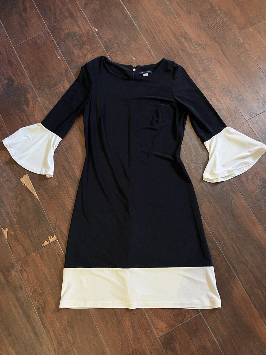 Tommy Hilfiger Elegant Black White Bell Cuff Sleeeve Sheath Dress Size